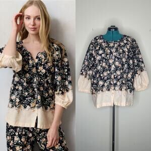 Lauren Conrad XL Black Cream Lizzie Border Floral Raglan Sleeve Button Front Top